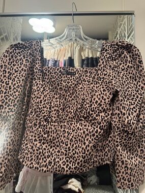 ZARA PLeopard Print Square-Neck Puff Sleeve Top